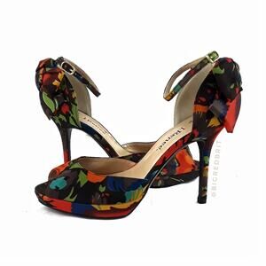 Black Floral Skinny Stiletto 4" High Heels with Bows J.RENEE Size 6.5 Date Night